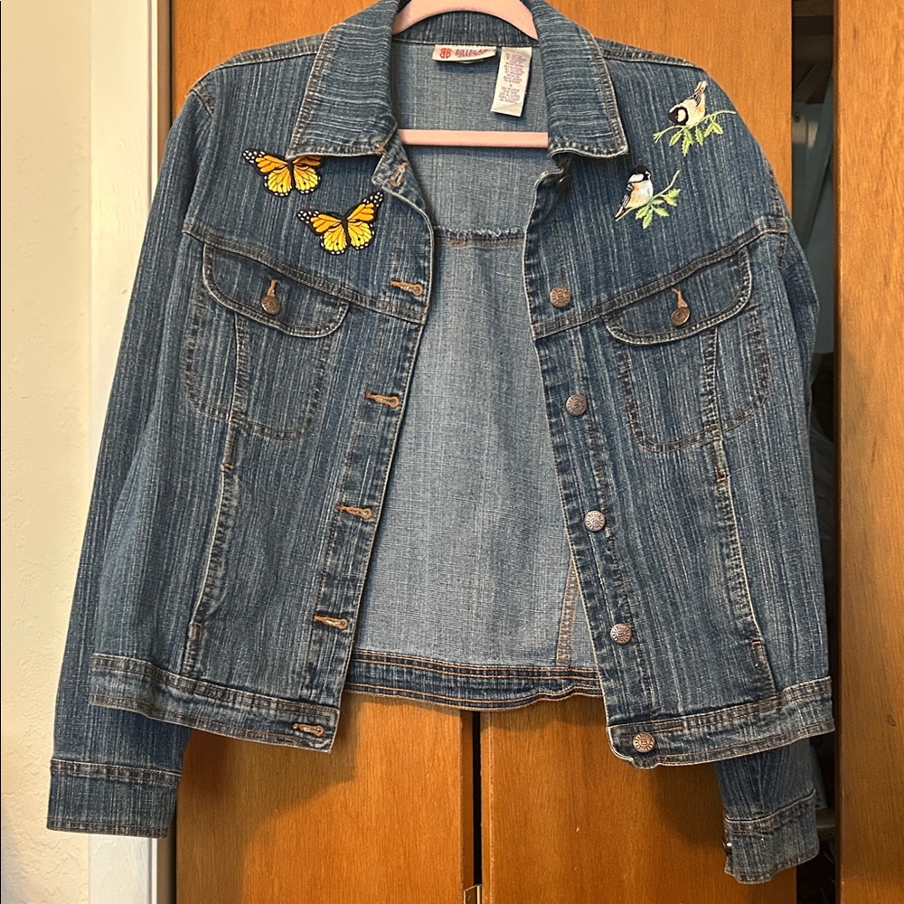 bill blass Blue Denim Jacket with Yellow Butterfly & Multi-Color Bird Embroidery